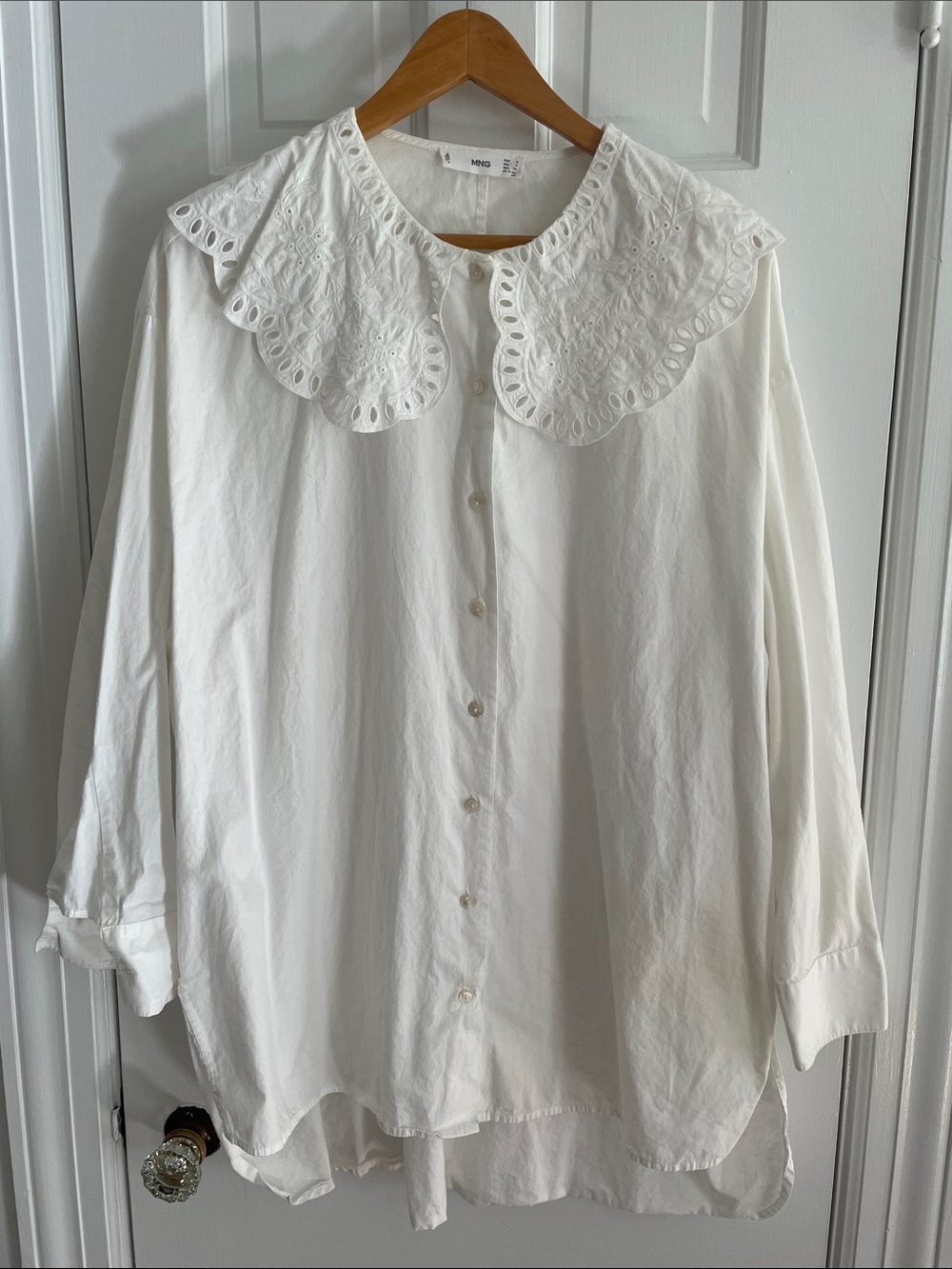 Mango White Eyelet Collar Button-Up Blouse